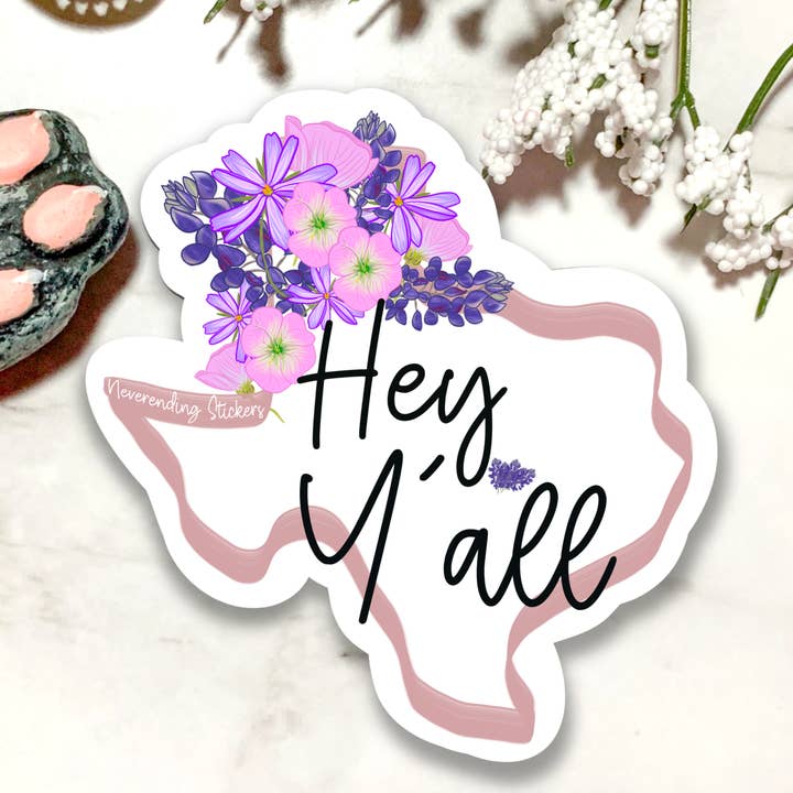 Neverending Klistermärken - Texas - Bluebonnet & Spring Flowers - Hey Y'all - Vinyl klistermärke eller magnet - 3.25x3in - Texas Map för wholesale av Neverending Stickers
