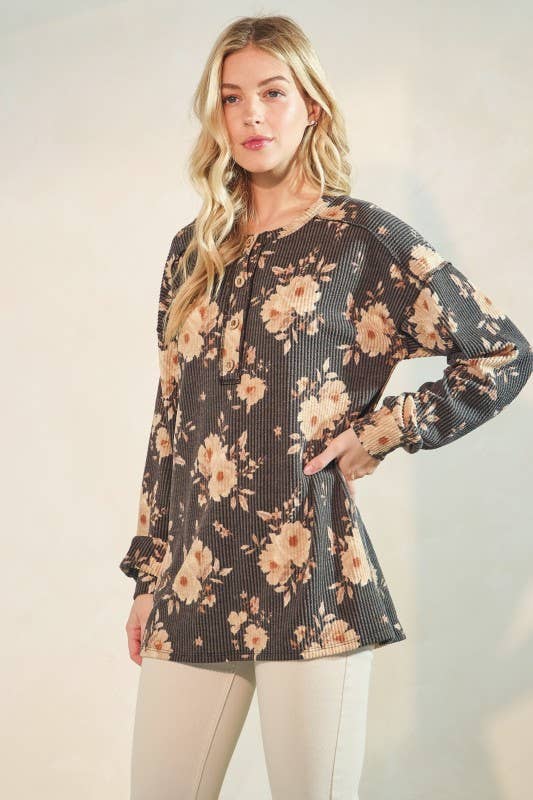 CHARCOAL ET7775-11LONG SLEEVE FLORAL BUTTON UP TOP for wholesale on Faire5