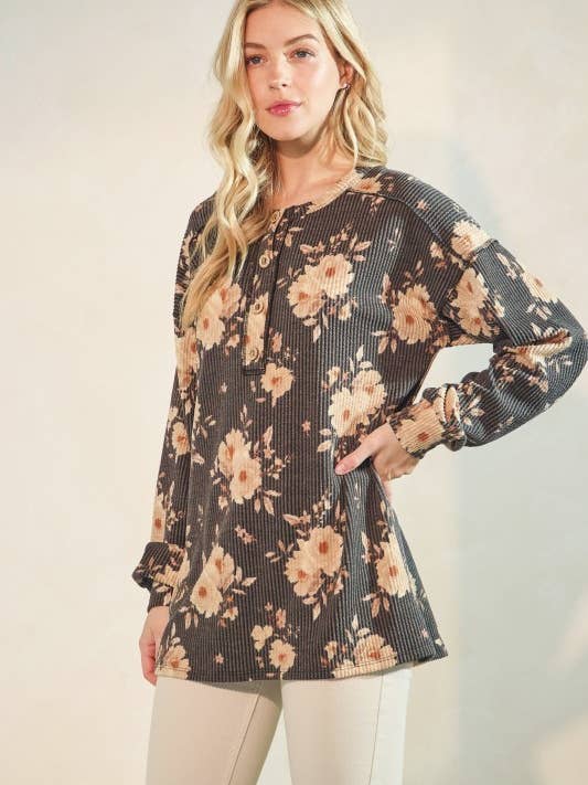CHARCOAL ET7775-11LONG SLEEVE FLORAL BUTTON UP TOP for wholesale on Faire5