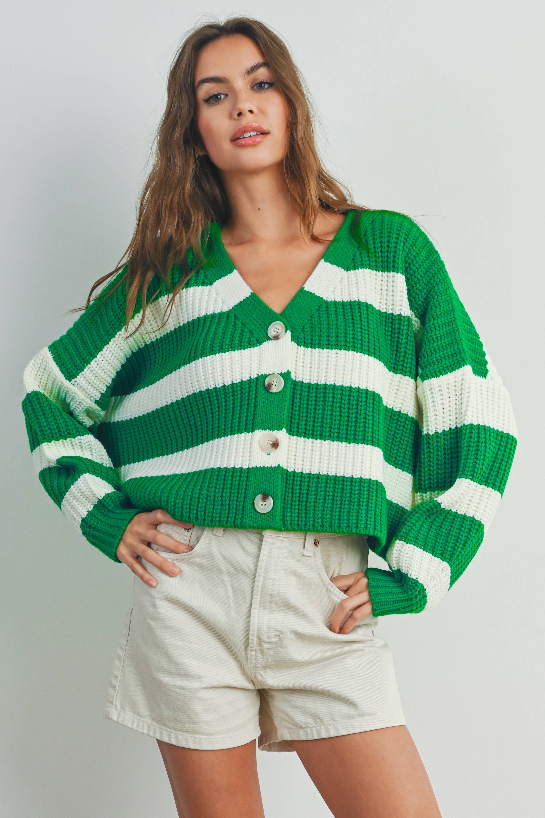 BUTTERMELON – wholesale Cardigan – Women’s – Striped V-Neck Cardigan with Buttons - BMC733118