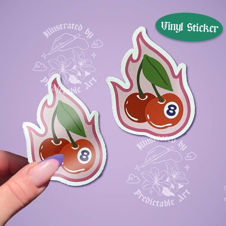 Cherry Bomb Flames 2" Retro Mini Vinyl Sticker | available in Shiny Gloss & Matte finish for wholesale by Predictable Art