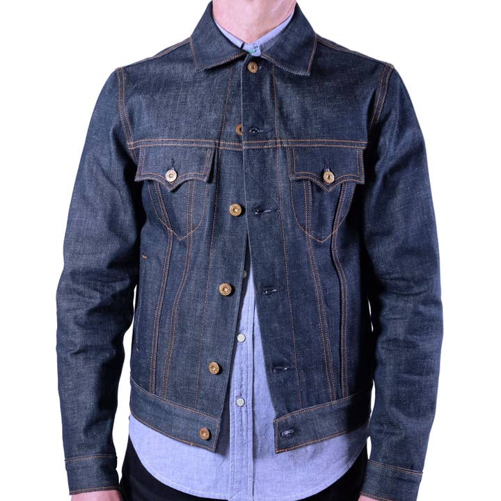 Veste de camionneur en denim brut indigo selvedge pour la vente par Horn