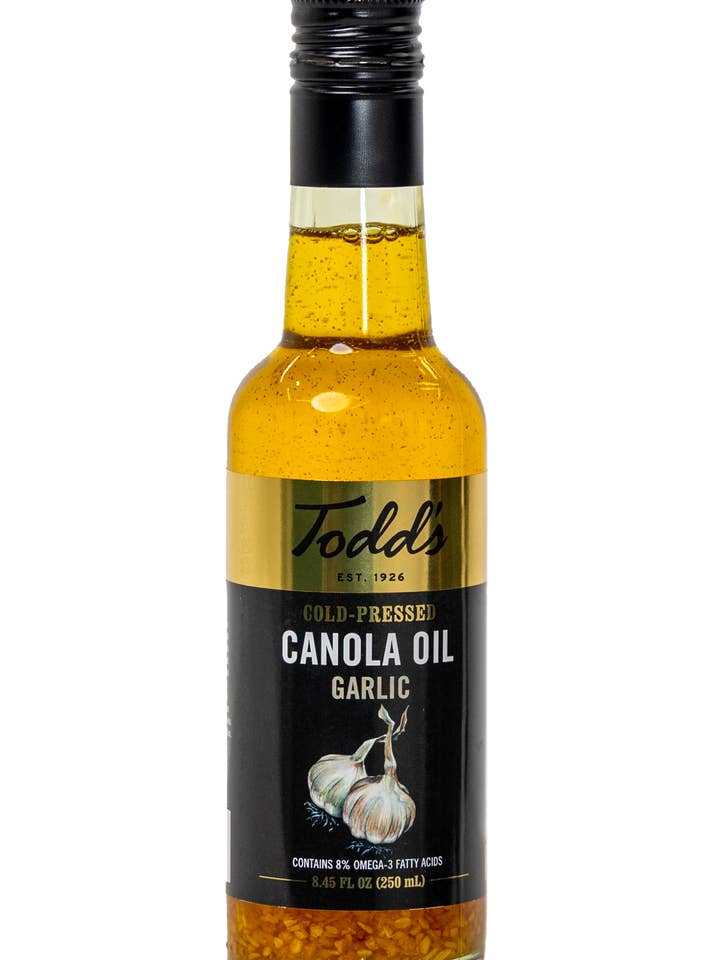 Todd's Cold-Pressed Garlic Canola Oil (8.45 oz) Bottle for wholesale by Todd's Premium Foods