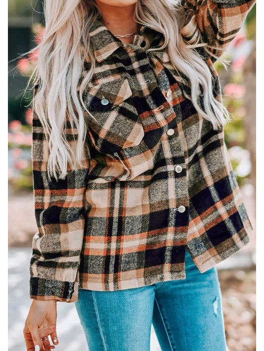 Orange Geometric Plaid Print Pocketed Shacket for wholesale on Faire