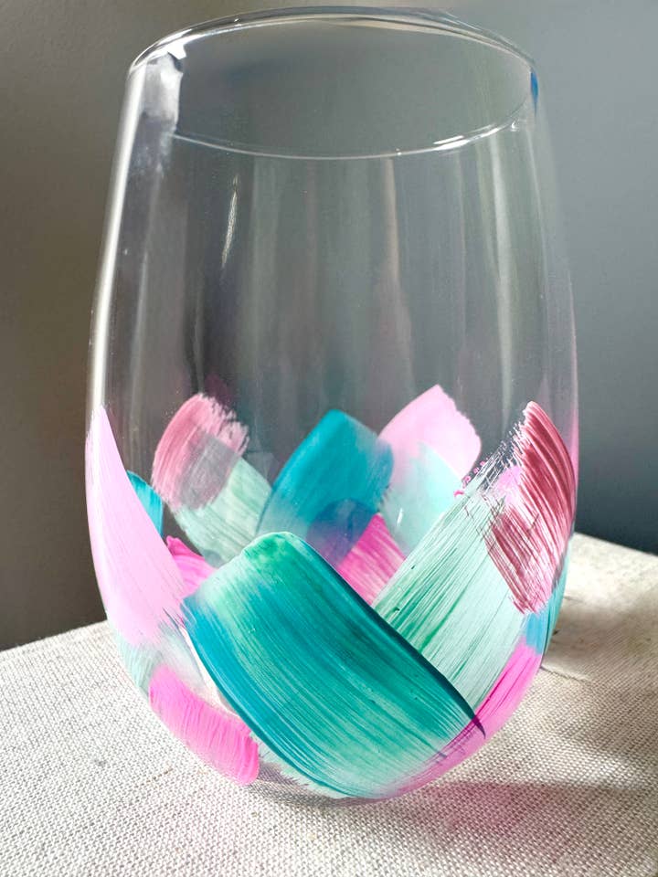 Caroline | Blush & Bloom | Wine Glass | Pink | Teal | Wine for wholesale by Heather Eck Artist LLC