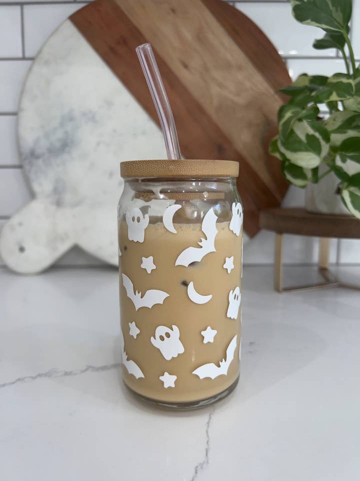 Ghosts and Bats Glass Can Cup for wholesale by Sparkly Paper Co