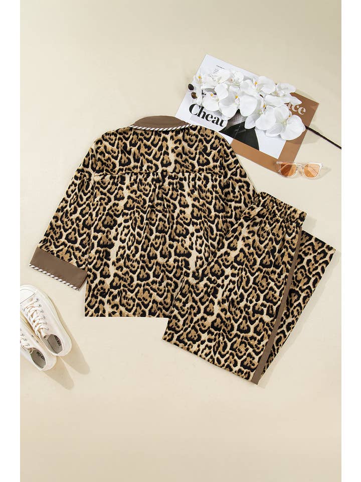 Brown Leopard Collared 3/4 Sleeve Shirt and Pants Set for wholesale on Faire1