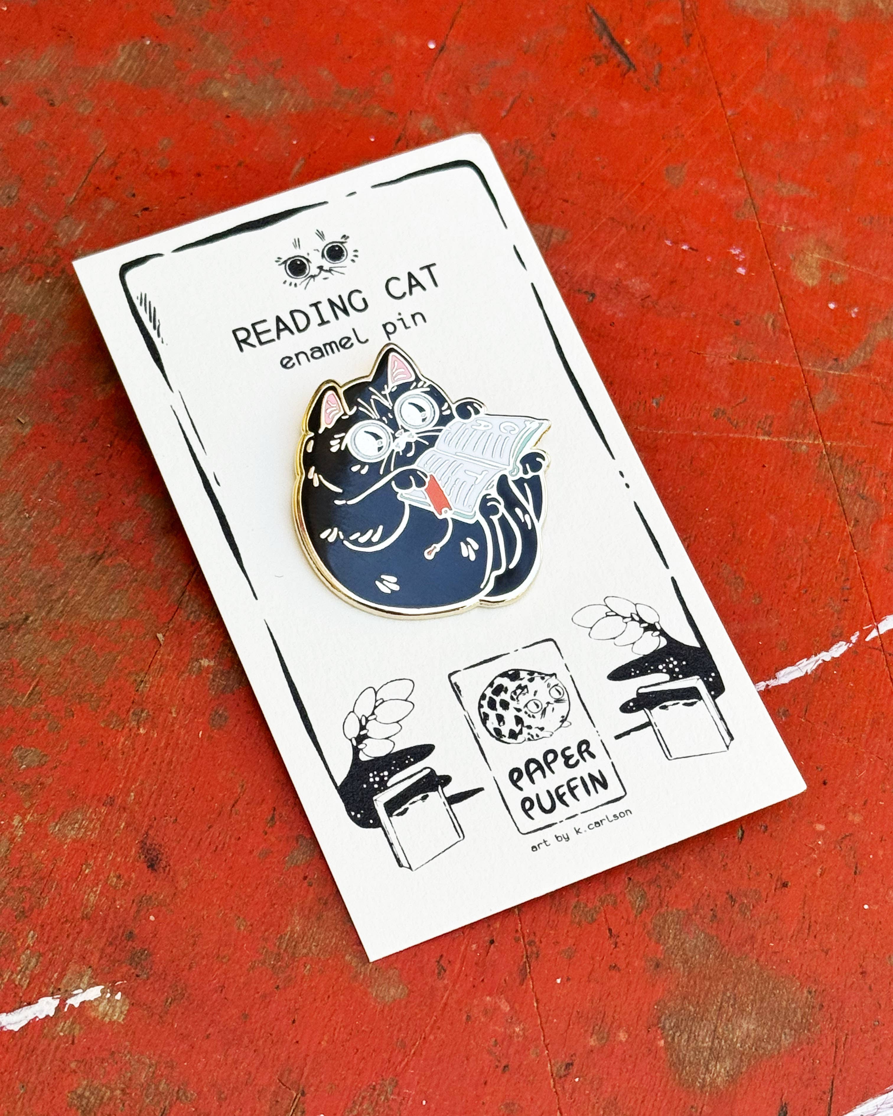 Paper Puffin - Wholesale Lapel Pin/Button - Book Reading Cat Enamel Pin  2