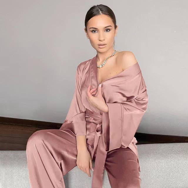 SALINA TRADING INC - Wholesale Sleepwear set – Women's - Women Solid Satin Long Sleeve Loose Lace-Up Pajamas Two Piece Set6