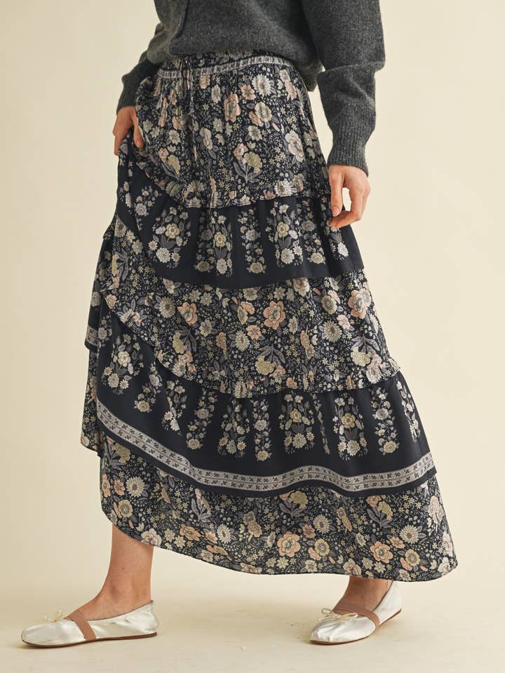 &MERCI - Wholesale Skirt - Women's - RUFFLE TIERED BORDER PRINT MIDI SKIRT MSK416620