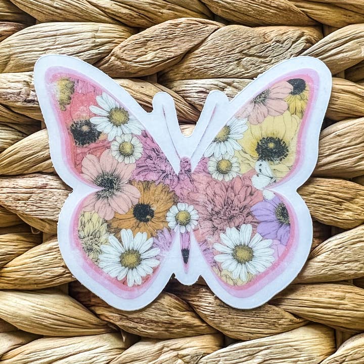 Pink Floral Butterfly Spring, Clear Vinyl , Sticker, 3 in. for wholesale by Savannah and James Co