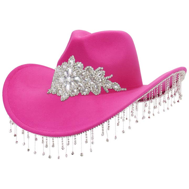 Cap Zone - Wholesale Cowboy Hat - Women's - Crystal Flower Bling Rhinestone Fringe Trim Cowgirl Hat2