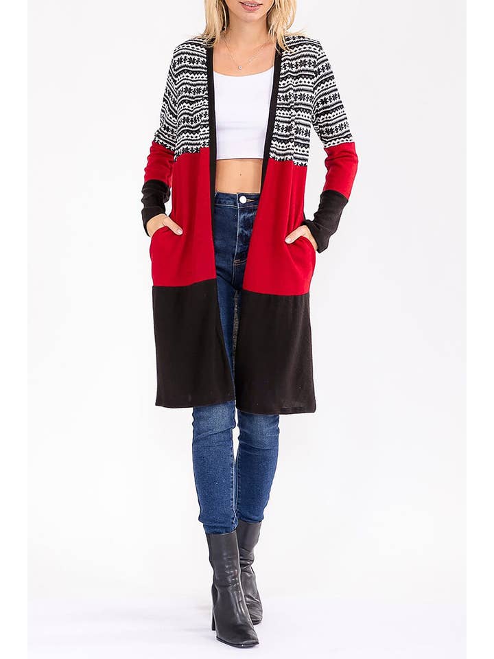 BLACK RED SNOW FLAKE PRINT CONTRAST COLORBLOCK OPEN CARDIGAN for wholesale on Faire3