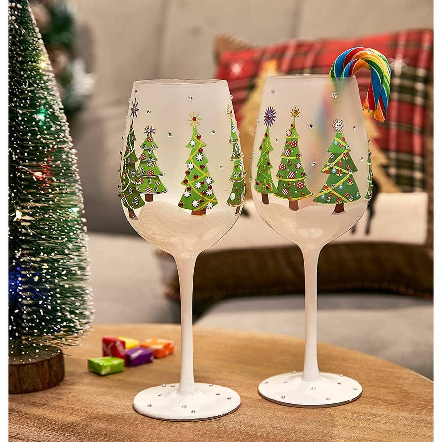 Spode Christmas Tree Stemless Wine Glasses 16 oz Set of 2 Gold Rim *NWT*