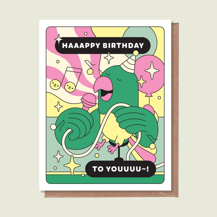 Happy Birthday To You Parrot Greeting Card for wholesale by Épée Lapin Studio