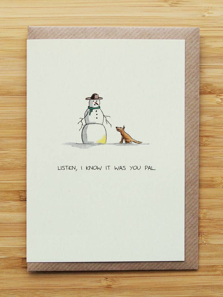 Tarjeta de Navidad de Muñeco de Nieve, Perro y Nieve Amarilla - Divertida - Reciclada para venta al por mayor de RossJDesigns