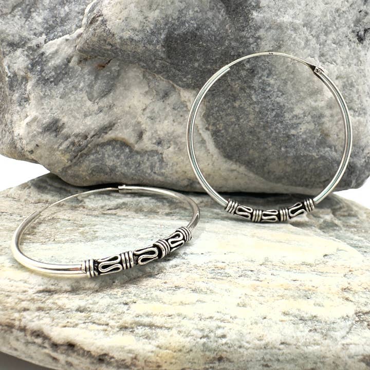 Medium Bali Hoop Earrings – Sterling Silver with Bead Detail for wholesale by The Green Gecko