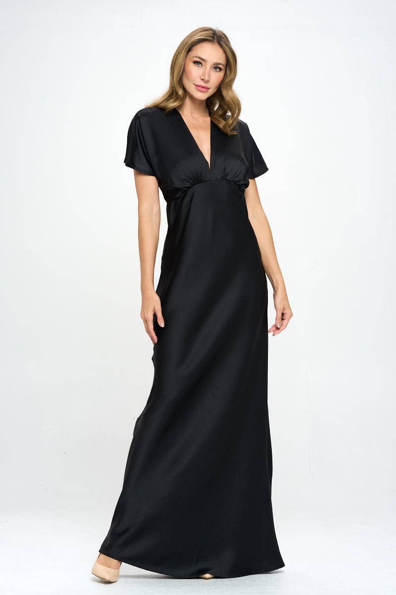 NOIR Fabriqué aux États-Unis Robe formelle en satin solide à col en V profond en vente sur Faire2