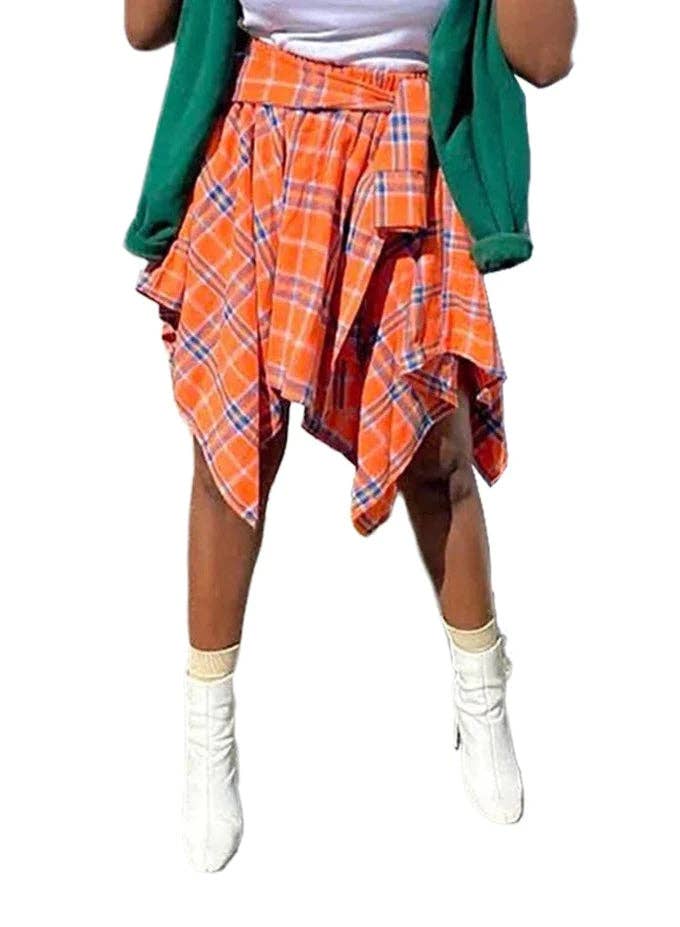 MB Fashion Wholesale - Wholesale Skirt - Women's - MB FASHION High-Waisted Plaid Skirt with Faux Tie 6556T9