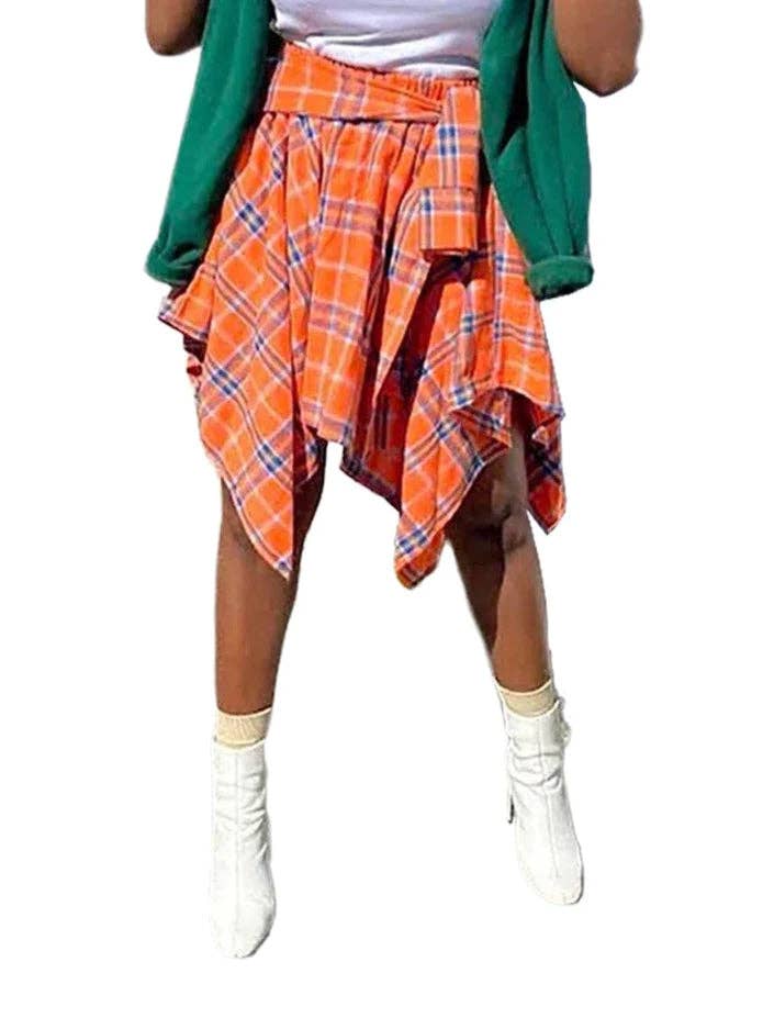MB Fashion Wholesale - Wholesale Skirt - Women's - MB FASHION High-Waisted Plaid Skirt with Faux Tie 6556T9