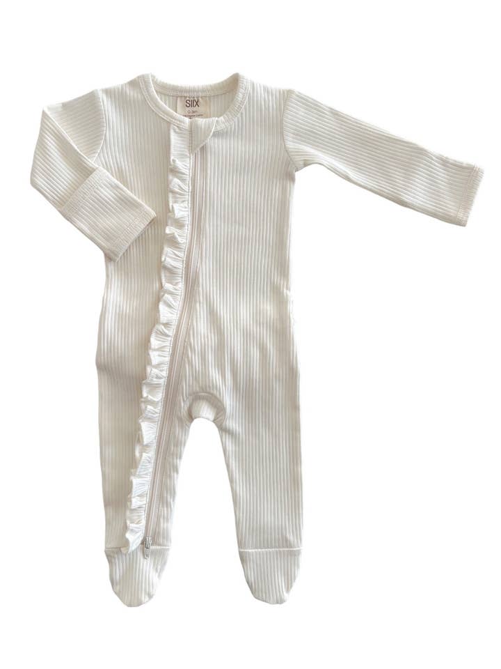 SIIX Collection - Wholesale Bodysuit (Footed) - Baby - Ivory / Organic Ribbed Frill Zip Footie (Baby - Kids)