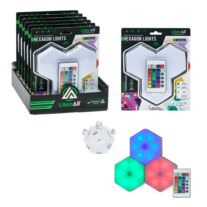 LitezAll Wireless Hexagon Lights with Remote Control 3 Pack for wholesale by LitezAll