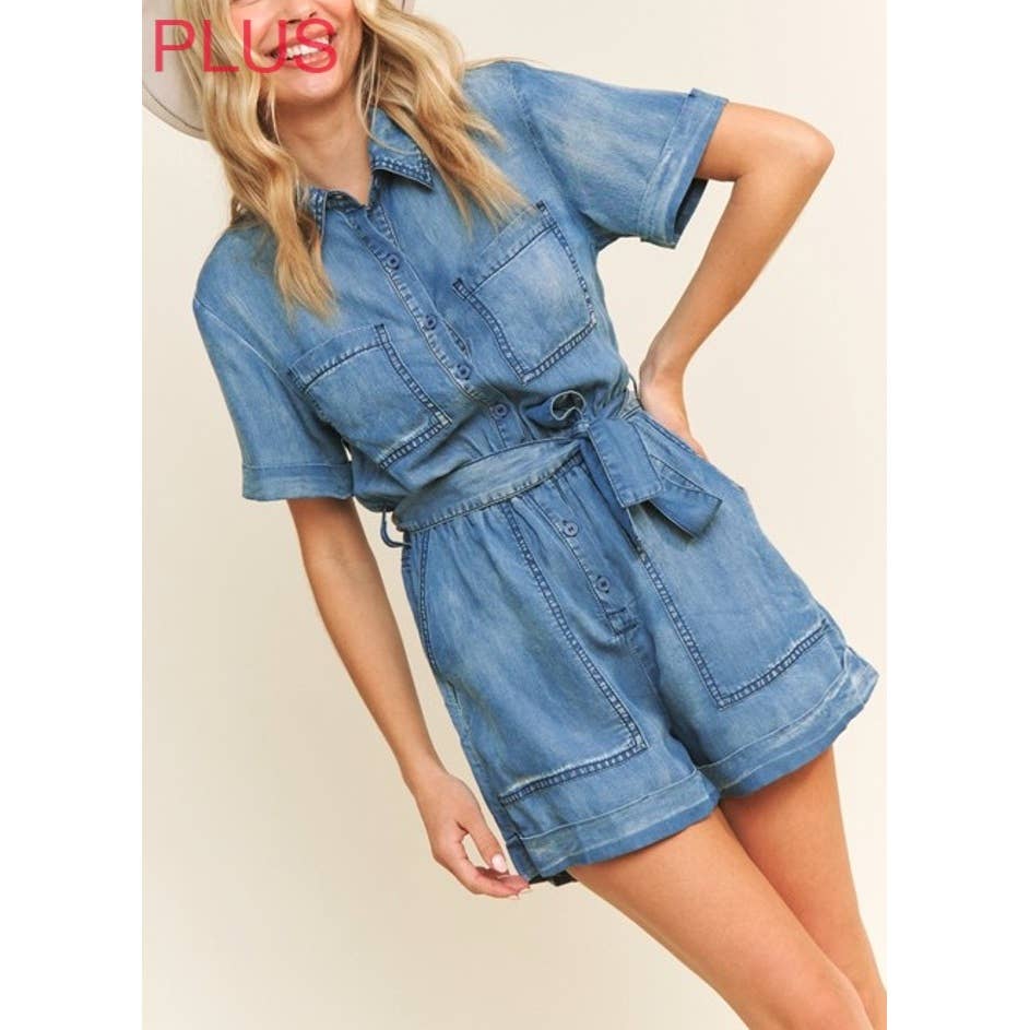 M.DENIM 9377X Plus Size Vasket Tencel Denim Krave Knap-Op Romper for engroshandel på Faire13