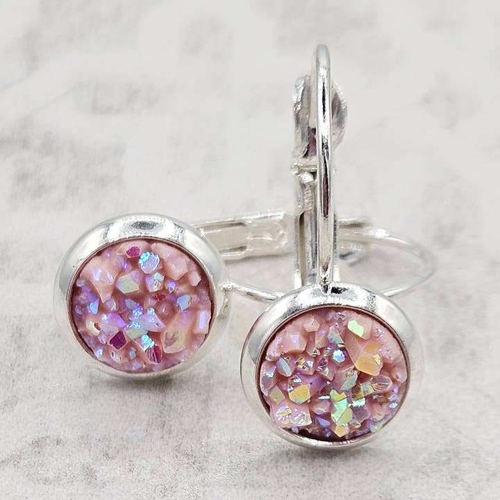 Druzy Round Dangle Earrings (Handmade 8mm)- Blush Pink for wholesale by The Sparkle Shop