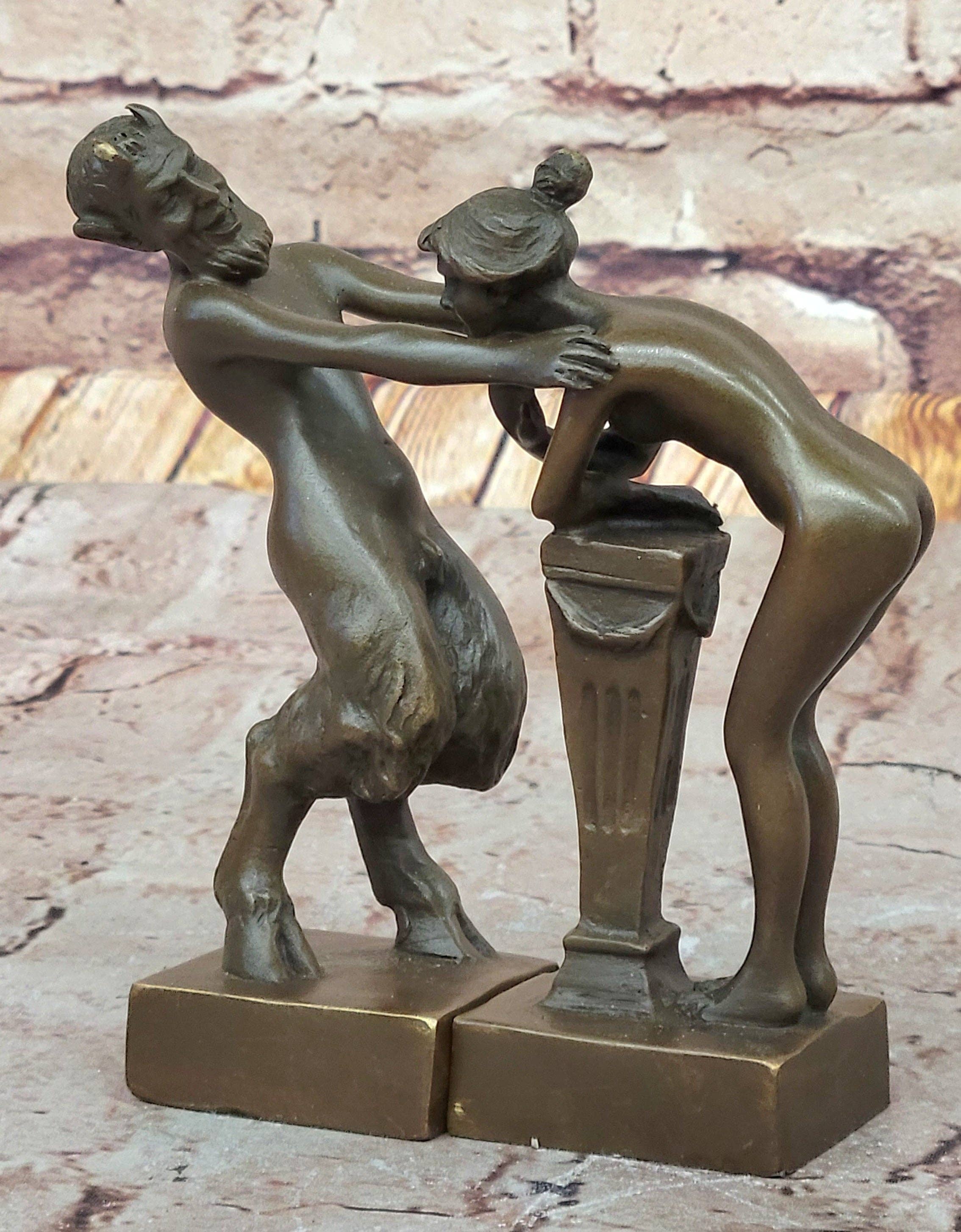 Bronzhaus - Wholesale Sculpture - Greek Faun Satyr & Nymph Girl Erotic Nude Bronze Bookend Sculpture Figures2
