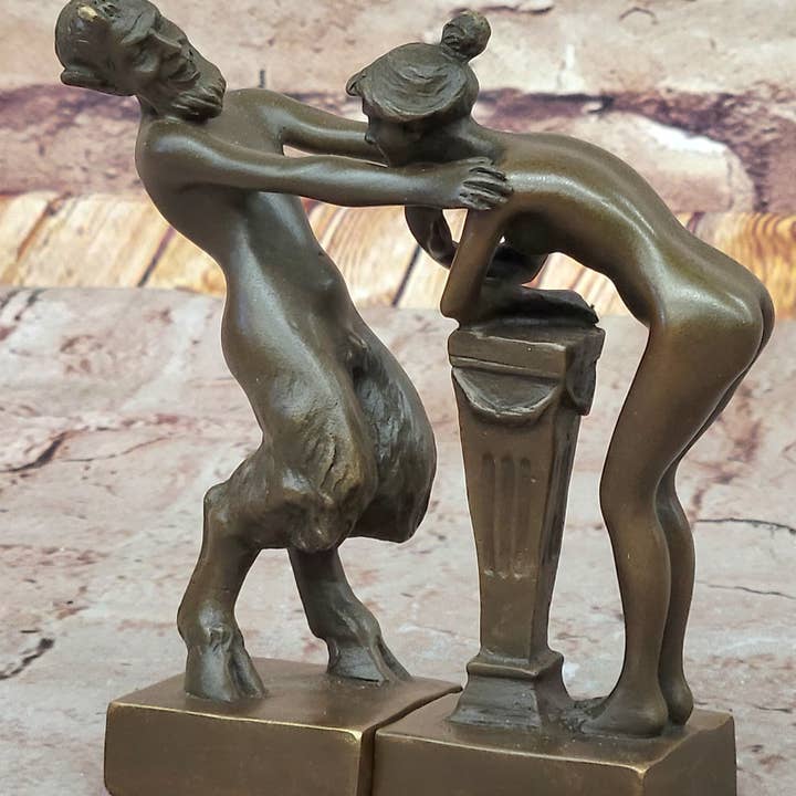 Bronzhaus - Wholesale Sculpture - Greek Faun Satyr & Nymph Girl Erotic Nude Bronze Bookend Sculpture Figures2