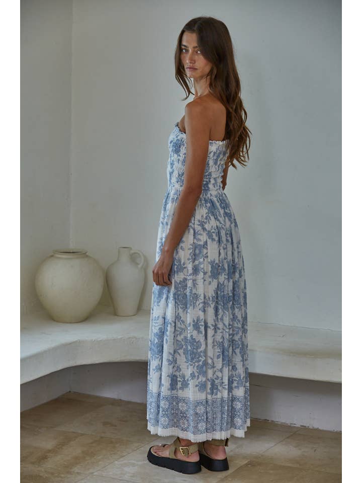 Ivory Blue L9240 | Woven Cotton Rayon Floral Smocked Strapless Midi for wholesale on Faire3