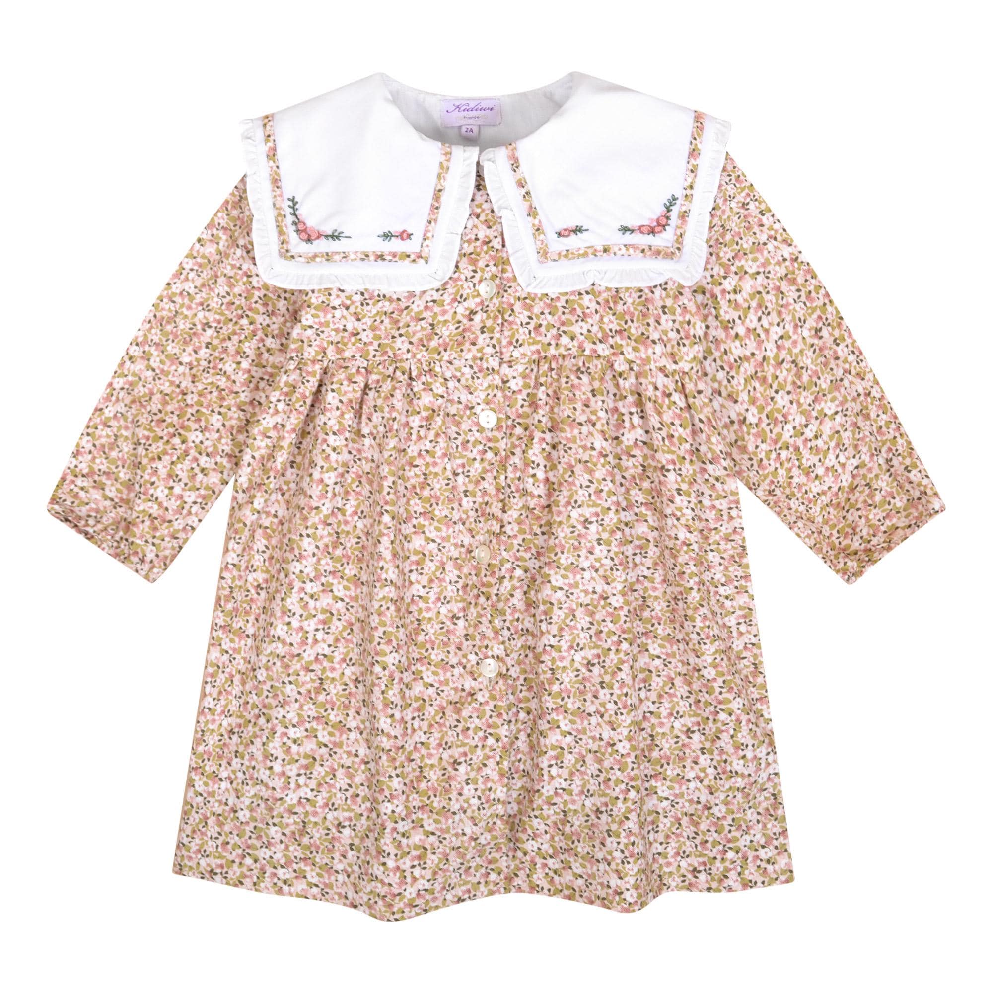 Kidiwi handmade - Wholesale Dress - Kids - Paola, Ruffled sailor collar dress with pink and khaki floral print embroidery3