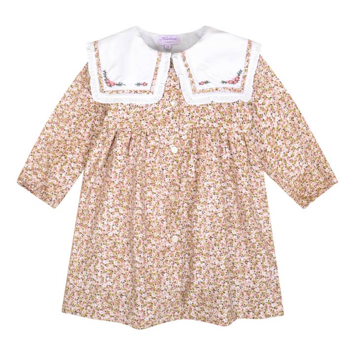 Kidiwi handmade - Wholesale Dress - Kids - Paola, Ruffled sailor collar dress with pink and khaki floral print embroidery3