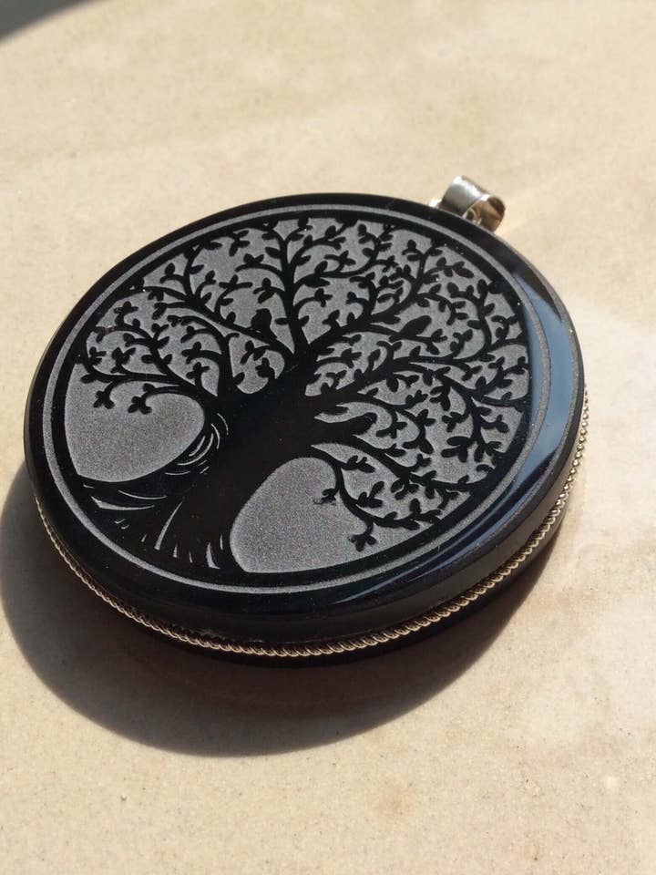 Pendent tree engraved black obsidian stone - Genuine Mexican Obsidian jewelry supplies for wholesale by OllinMexica