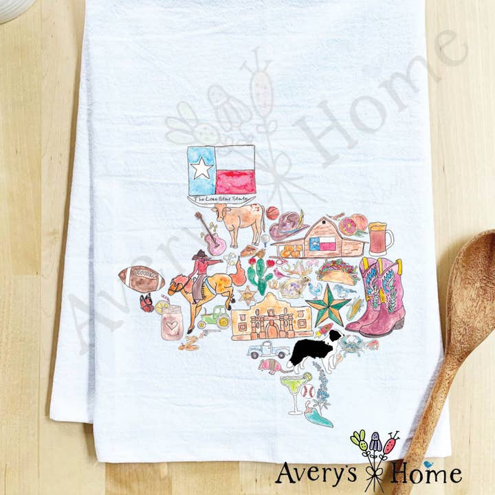 Texas State Icons Longhorn Customizable Tea Towel for wholesale by Avery's Home