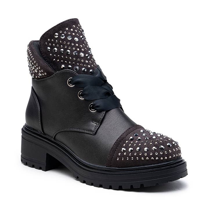 LADY GLORY - Wholesale Combat/Military Boots - Women's - Faux leather ankle boots with rhinestones0
