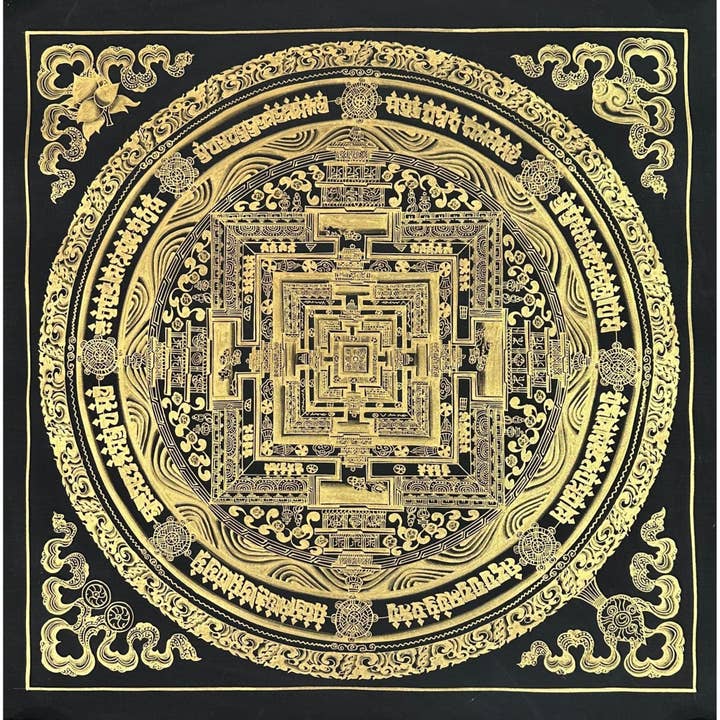 Kalachakra Mandala Sort og Guld Thangka Maleri for engroshandel hos Art Of Tibet