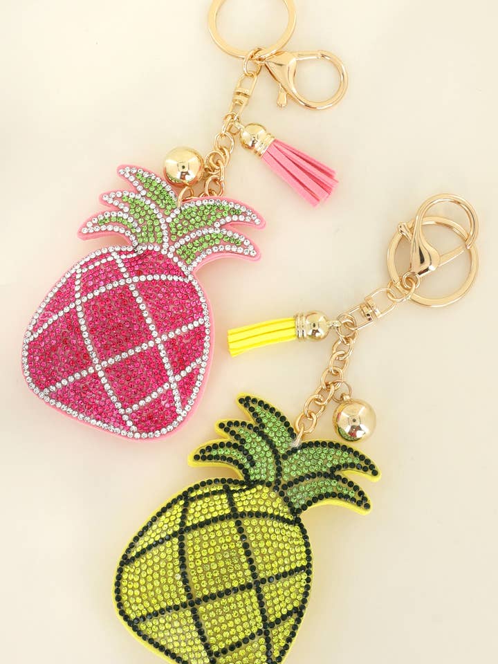 Rhinestone Pave Pineapple w/ Suede Fringe Keychain for wholesale by SP Sophia Collection