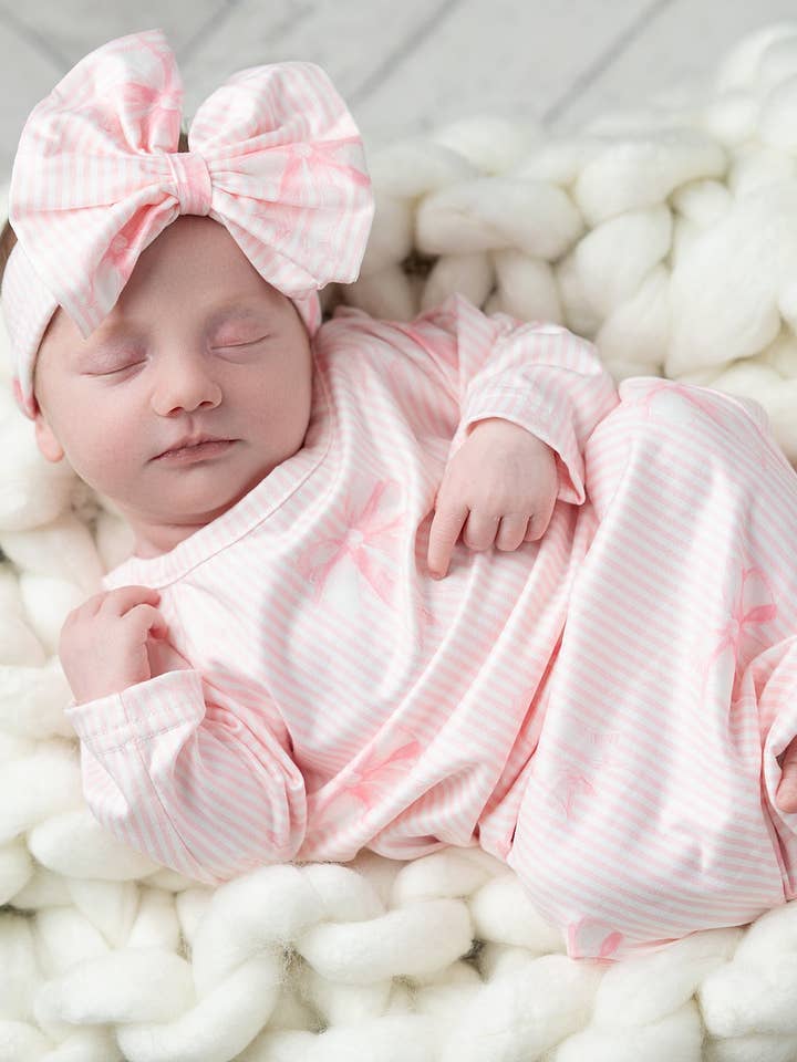 Infant Girls Pink Bows Baby Gown and Bow Headband Set for wholesale by Adorable Sweetness