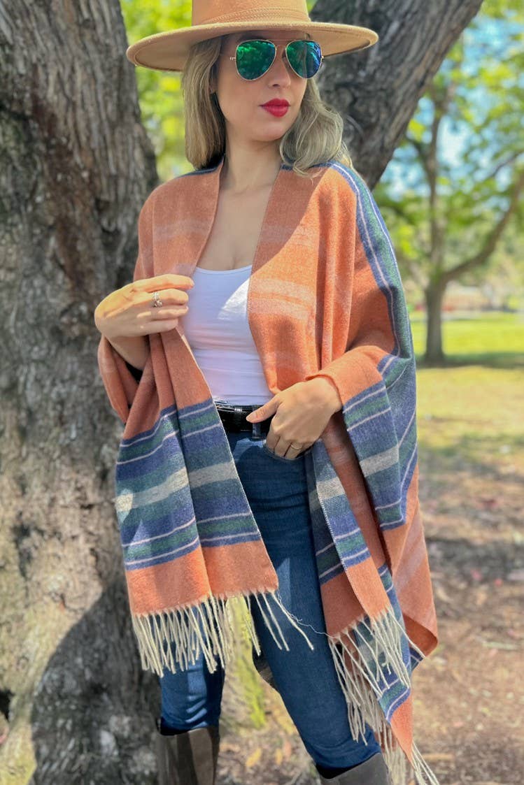 Rost Rostrandig tryckt mysig Ruana sjalkofta med tofs för wholesale på Faire2