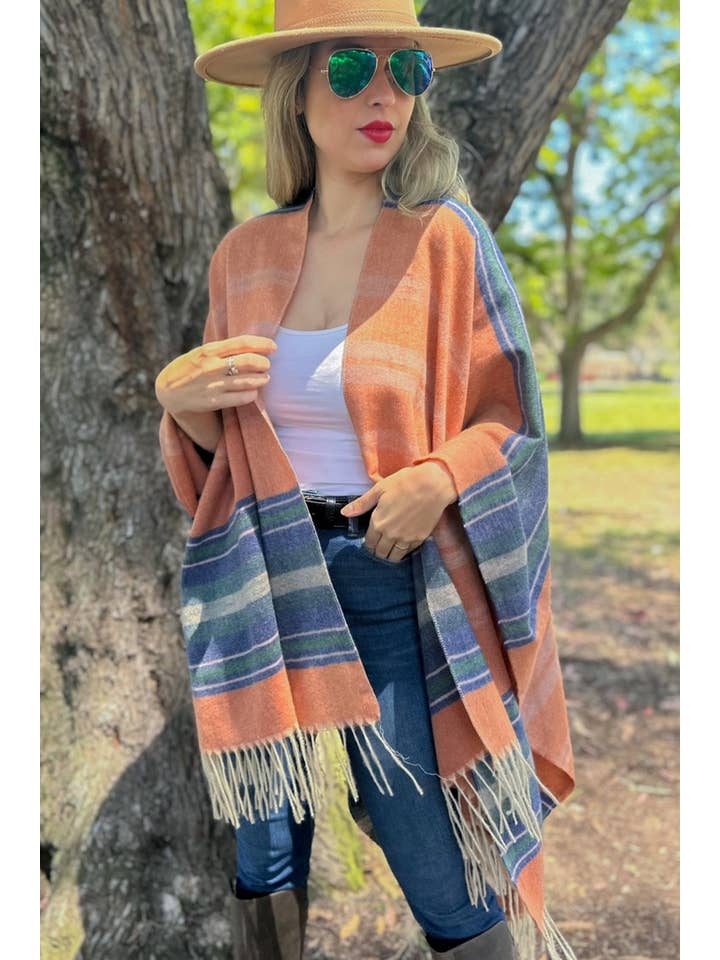 Rost Rostrandig tryckt mysig Ruana sjalkofta med tofs för wholesale på Faire2