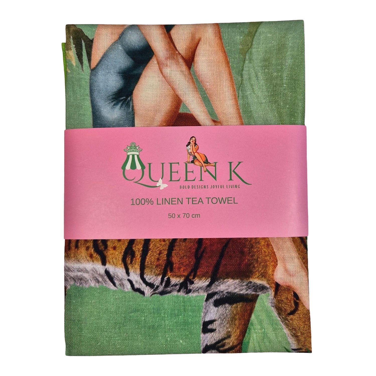 Queen K - Wholesale Tea towel - Jungle Walk Green Wild Retro Glamour 100% Linen Tea Towel1