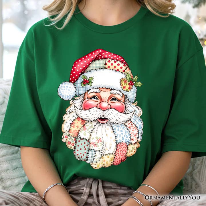 OrnamentallyYou - Wholesale T-Shirt (Graphic) - Women's - Patchwork Santa Claus T-Shirt, Retro Christmas Holiday Tee6