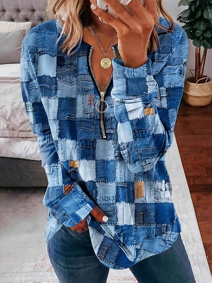 T-shirt à manches courtes décontracté avec fermeture éclair imprimé tricoté ZK3383 pour la vente par UNISHE