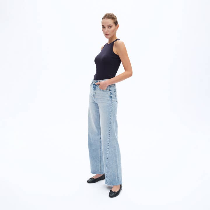 LIGHT BLUE HIGH RISE WIDE LEG DENIM JEANS WITH RAW HEM BYW8185 for wholesale on Faire2