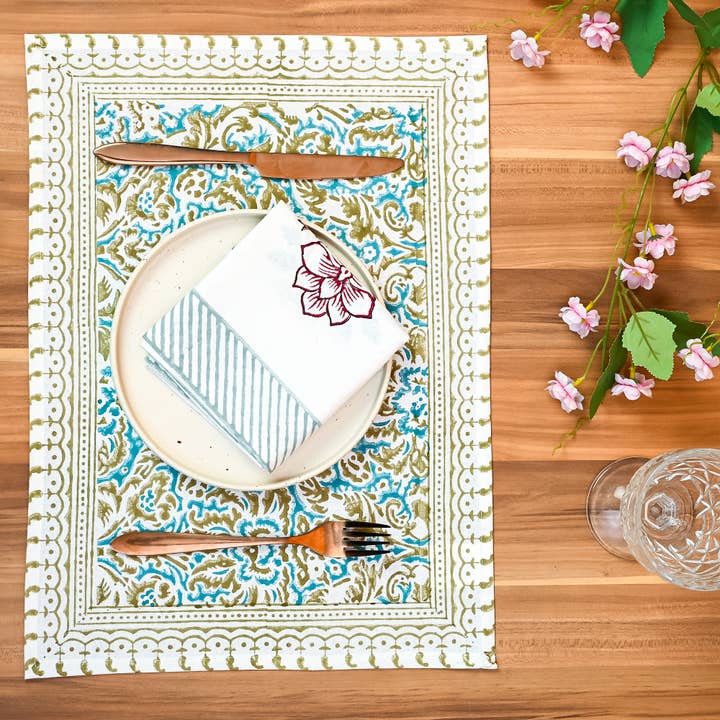 Perilla Home - Wholesale Placemat - Athena Cotton Placemat Set of 4 Blockprint4