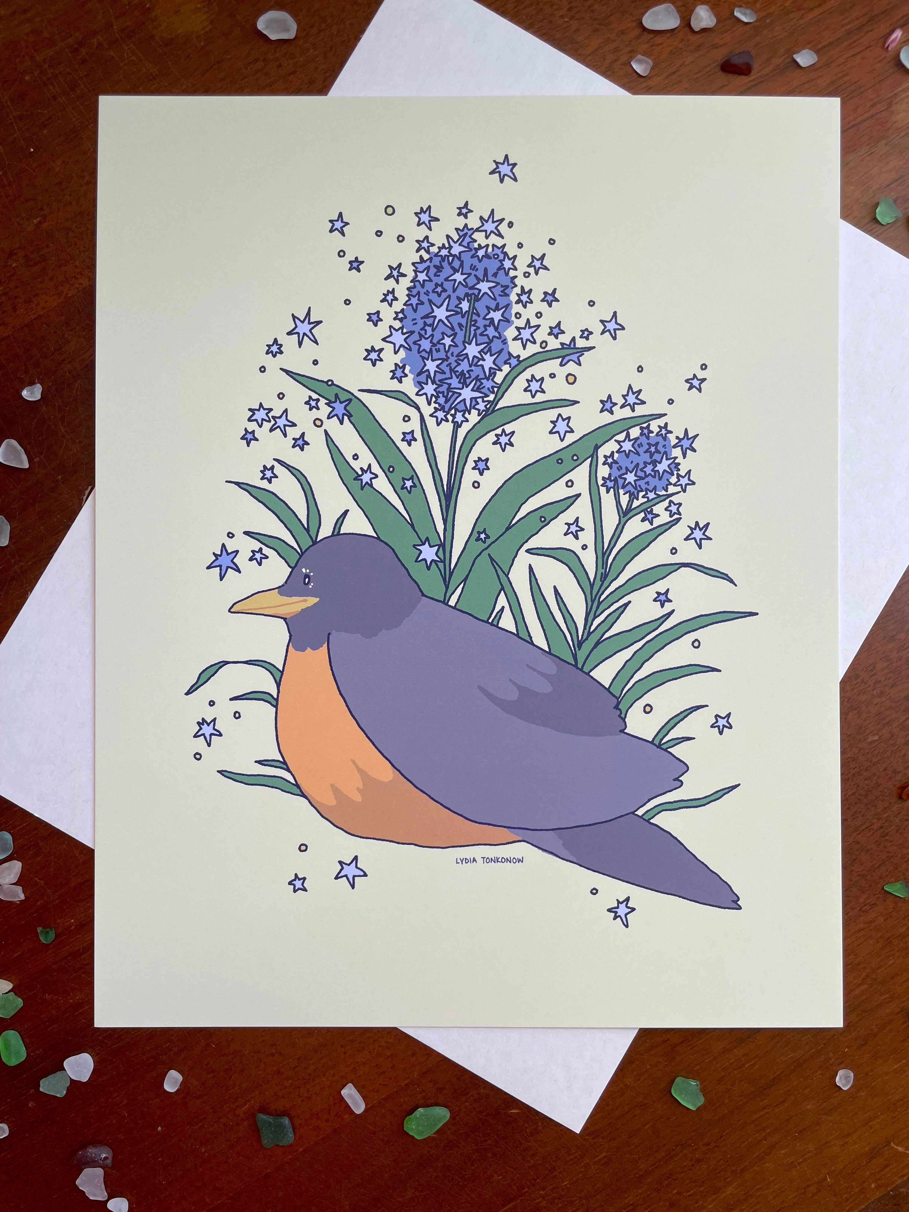 Lydia Tonkonow Art and Design LLC - Wholesale Art Print - American Robin and Amsonia Bluestar Flowers - 8x10" Print2