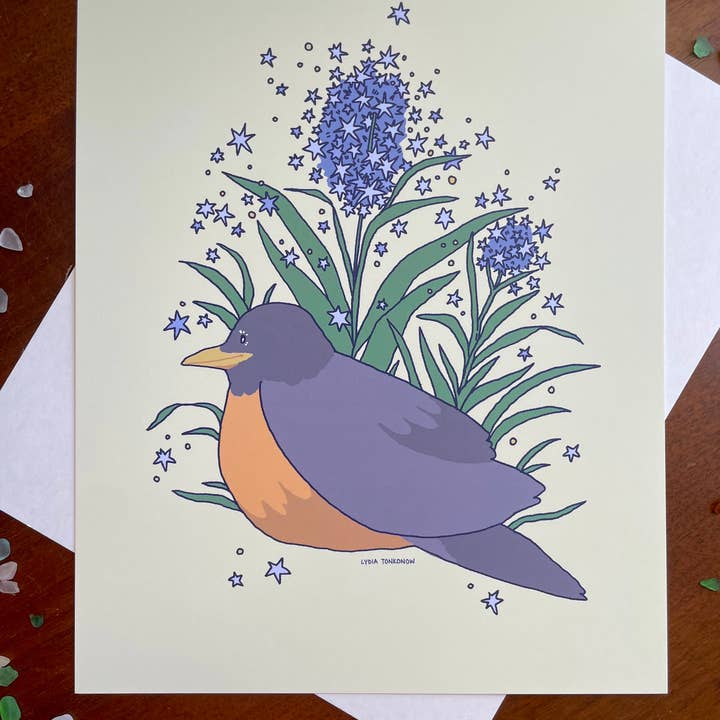 Lydia Tonkonow Art and Design LLC - Wholesale Art Print - American Robin and Amsonia Bluestar Flowers - 8x10" Print2