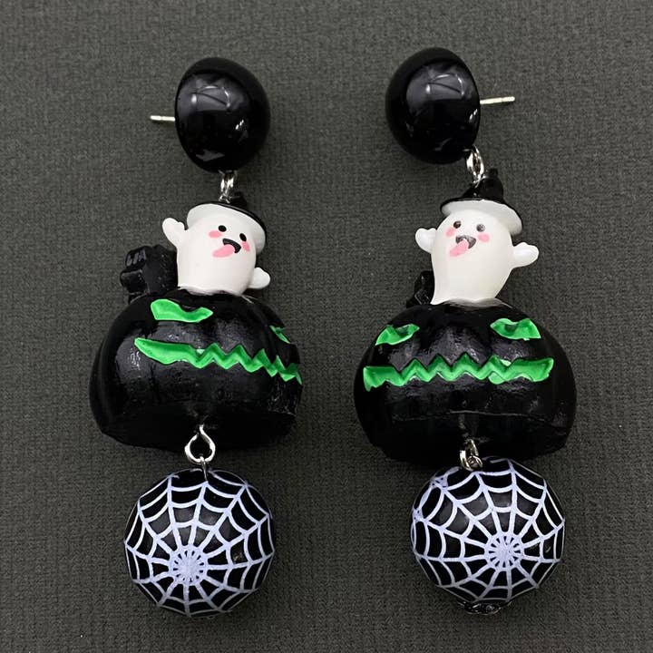 Halloween Resin Ghost & Spider Web Ball Dangle Earrings for wholesale by Mio Queena