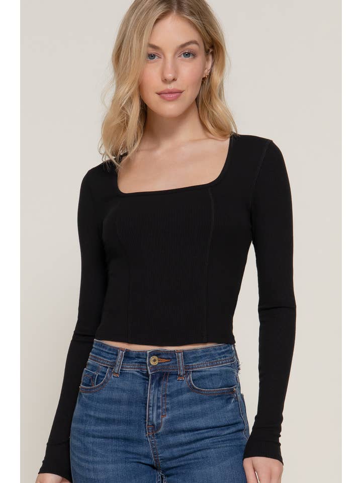 Active Basic | Active USA - Wholesale Knit Top - Women's - Long Sleeve Square Neck Corset Detail Knit Top